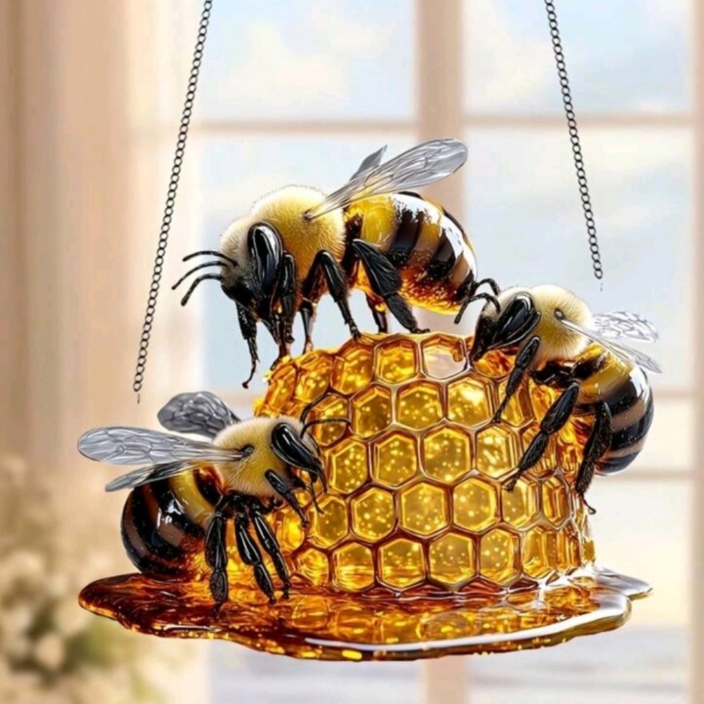 Bee & Honeycomb Suncatcher | 8in Hanging Decor | Waterproof Scratch-Resistant |